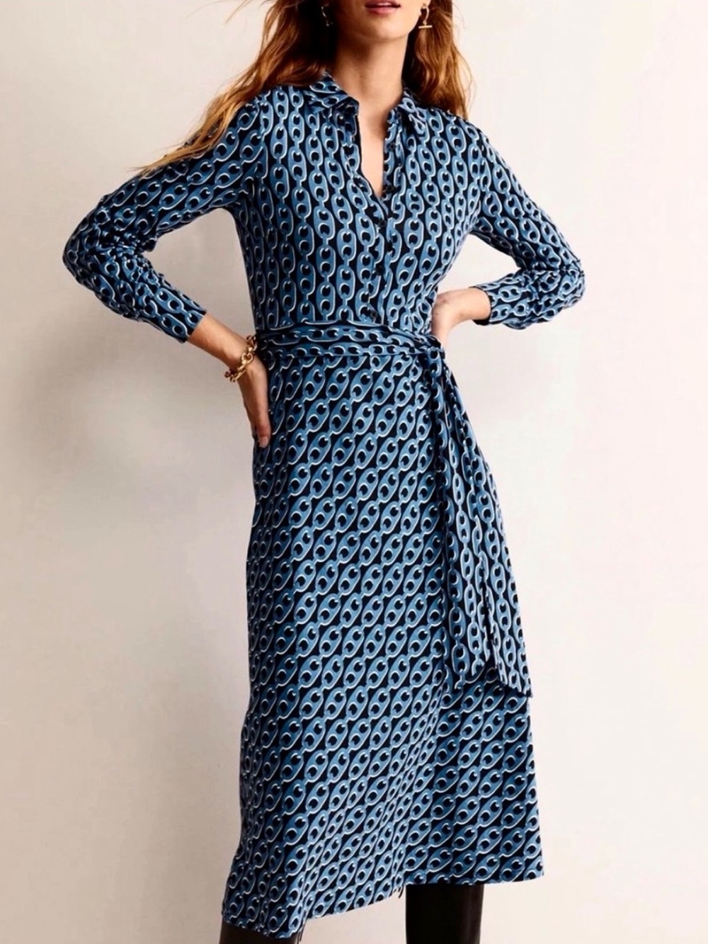 BODEN Laura Chainlink Print Belted Midi Shirt Dress Size 8 - Picture 3 of 10